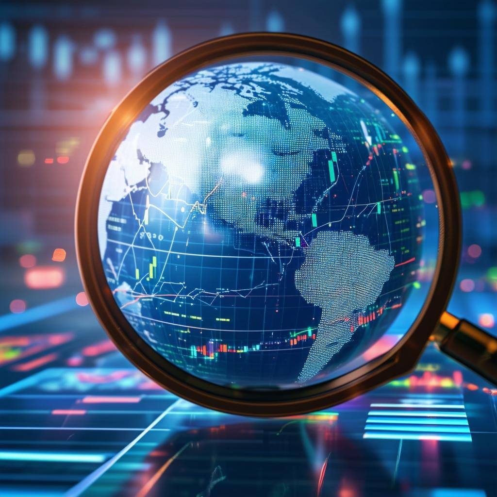 A magnifying glass over a globe with data points and trend lines