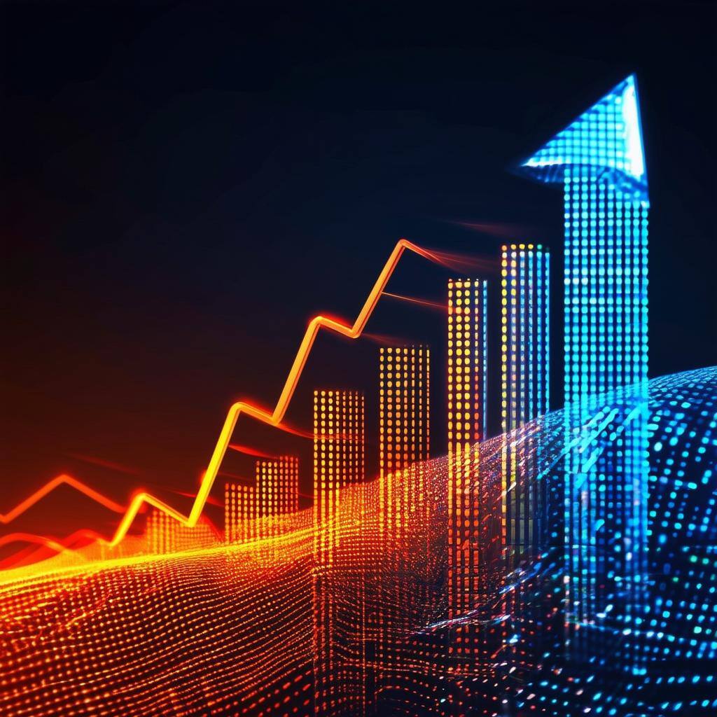 An upward arrow with a dynamic wave pattern and a bar chart